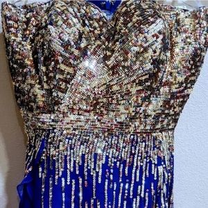 SHERRI HILL ASYMMETRICAL PAGEANT PARTY COCKTAIL DRESS ~BLUE w/ SEQUINS ~EUC